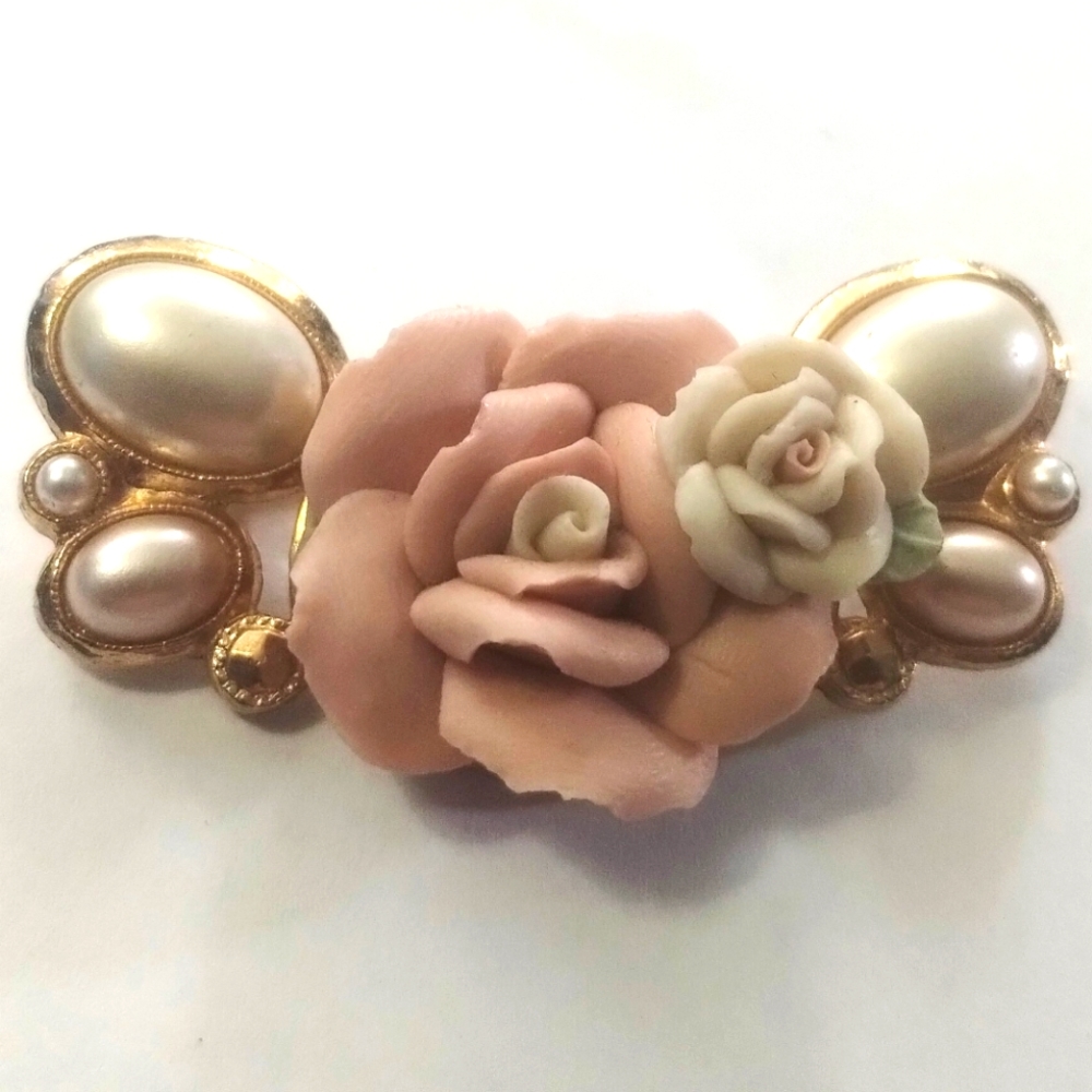 Vtg 1928 Collection Enamel Rhinestone Porcelain Rose Pin Brooch